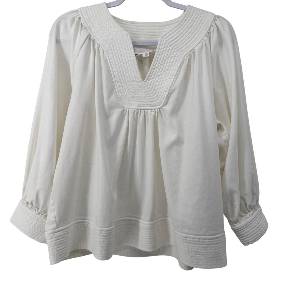 Pomander Place White Quilted Trim Split Neck Blouse XL B1131 Relaxed Long Sleeve